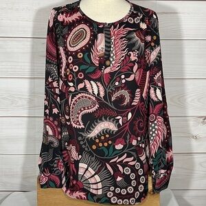 Ann Taylor LOFT Paisley Floral Tunic Top Pink Black Green Pullover Size Large